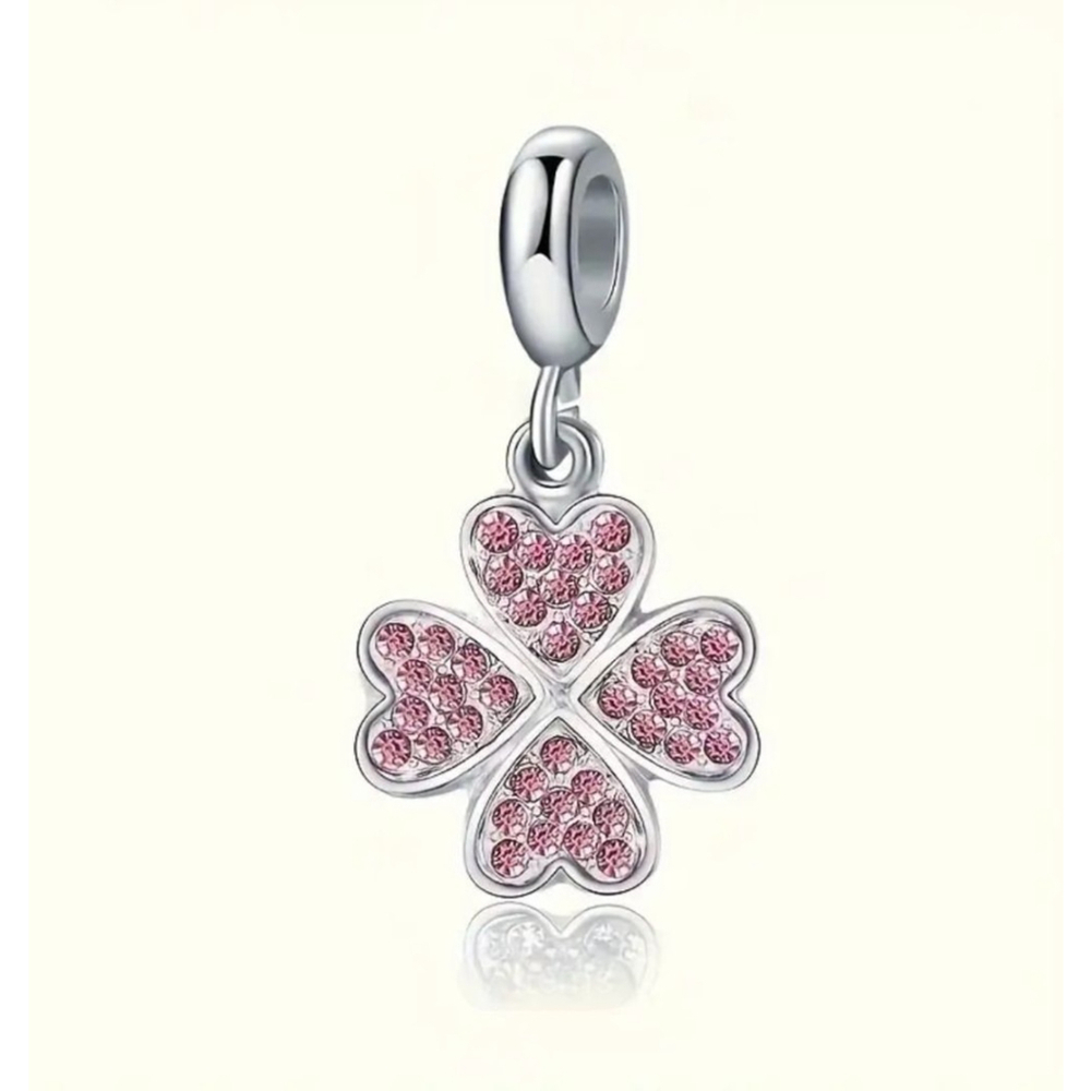 Charm, Four-Leaf Clover, Pink, Silver